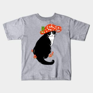 Whimsical Tuxedo Cat Wearing a Mushroom Hat Kids T-Shirt